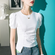 泡泡袖T恤女短袖修身褶皱不规则设计2023夏季纯色上衣夏装