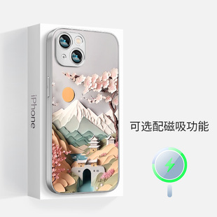 适用于苹果iphone15promax磁吸14手机壳plus女13立体magsafe春山图12硅胶防摔超薄11全包镜头边框保护套