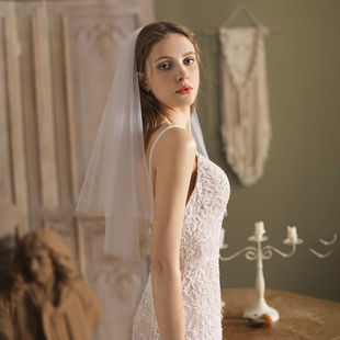 法式白色求婚领证小头纱，简约短款新娘结婚登记拍照道具双层头饰