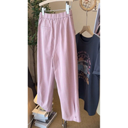 2023年女夏季薄款梨型身材微胖穿搭粉红色运动休闲阔腿裤子设计感