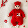 婴儿新年服宝宝纯棉加厚拜年服新生儿连体衣棉衣，大红色冬季保暖衣
