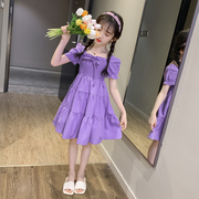 女童夏装连衣裙2023大童小女孩紫色裙子夏季泡泡袖洋气公主裙