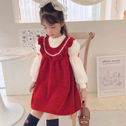 女童秋冬套装裙韩版小女孩，时髦洋气泡泡，袖上衣金丝绒背心裙两件套