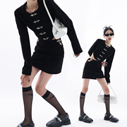 Acestudios 设计感黑色短款灯芯绒外套+短裙2件套装女2022秋