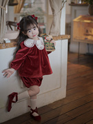 女童2023秋冬手工刺绣花瓣，领丝绒套装红色，礼服裙公主生日连衣裙