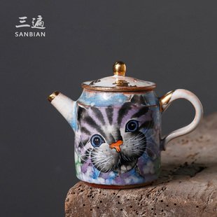 柴烧志野茶壶手绘猫咪泡茶壶，家用中式创意茶壶，陶瓷功夫茶球孔单壶