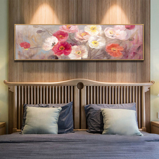 351美式横向长条幅有框挂画 客厅卧室床头挂画欧美花卉油画装饰画