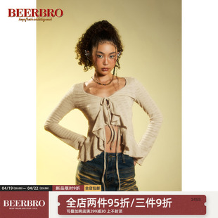 BeerBro 美式复古辣妹拼接荷叶边针织开衫肌理感面料绑绳外穿上衣