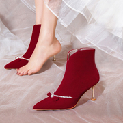 冬季婚鞋细跟短靴女2023年秀禾服新娘鞋红色高跟靴子加绒婚靴