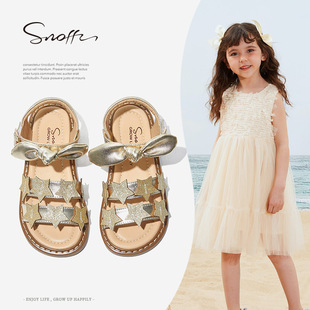 斯纳菲夏季女童凉鞋金色银色，公主鞋露趾星星，中小儿童软底女孩