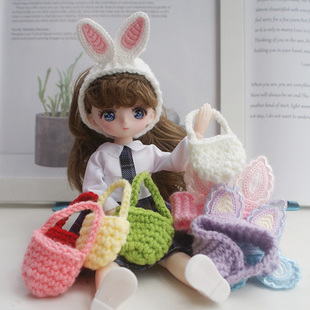 芭比娃娃毛线针织手提袋小包包发箍兔耳朵针织发带可爱头饰配件