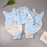 秋冬0-1岁婴儿薄棉衣，套装纯棉3-6月宝宝，夹棉开裆背带裤棉服三件套