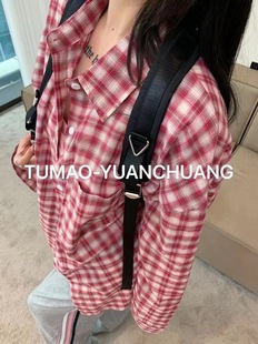 tumao正版2024宽松百搭气质，洋气格子单排扣polo领开衫，衬衫上衣女