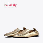 BellaLily2024春季一脚蹬褶皱小皮鞋女潮流平底鞋金色单鞋子