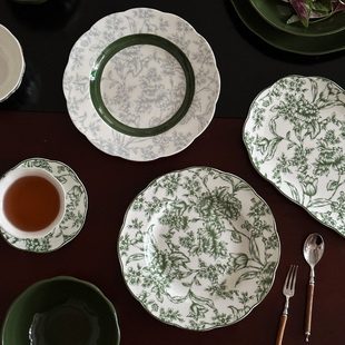复古法式 热带雨林绿色陶瓷餐具 家用菜盘碟子圆形简约炒菜饭碗