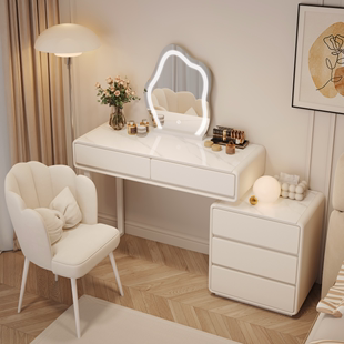 奶油风实木岩板梳妆台现代小型卧室简约轻奢迷你化妆桌收纳柜一体