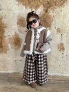 韩系女童毛毛马甲皮草，背心格子加绒阔腿裤，小童三件套装23年冬季