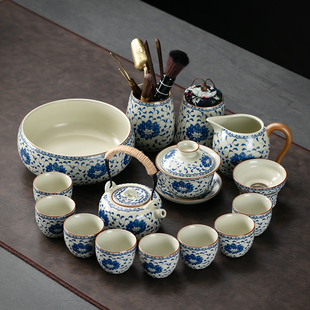 汝窑青花功夫茶具套装家用轻奢高档陶瓷中式茶壶茶杯整套泡器
