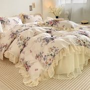 法式浪漫纯棉床上四件套全棉田园奶油公主风蕾丝花边被套玫瑰床裙