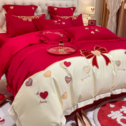 结婚床上用品四件套婚庆高级感大红色婚房喜被磨毛，婚礼床单被套罩