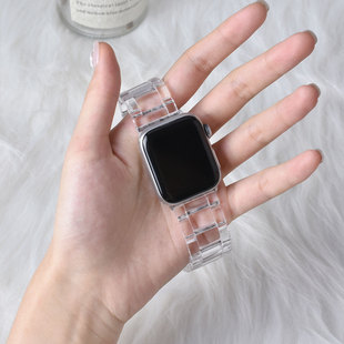 适用applewatchs7透明表带iwatch7表带se654321代苹果手，表带树脂果冻小冰块金属三珠4145mm男女