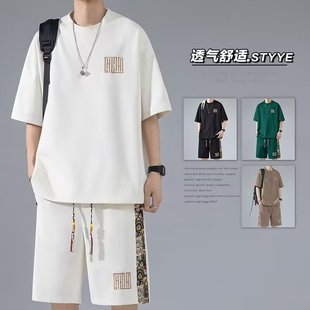 夏季中国风刺绣套装男潮牌，运动休闲衣服学生帅气短裤短袖两件套潮