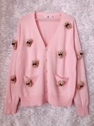 2021粉红针织毛衣 立体小熊装饰 纯棉V领开衫外套女 卡通毛衣