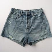 夏季欧美大码女水洗破洞毛边做旧纯棉牛仔裤 高腰气质短裤A11