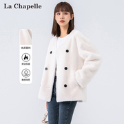 拉夏贝尔白色短外套，女2023冬季圆领，时尚气质保暖通勤厚外套女