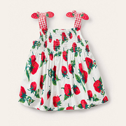 女童草莓吊带衫宝宝棉麻夏装，小儿童露背无袖，洋气娃娃裙衫上衣背心