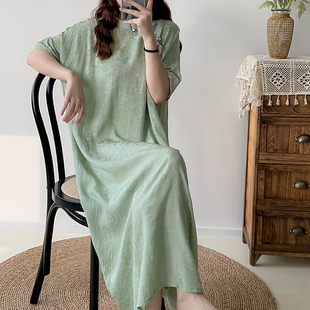 2024春夏旗袍浅葱绿连衣裙短袖长裙绿色中式立领品牌纯色棉麻女装