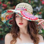 沙滩绿色草帽女夏季海滩，遮阳帽民族风，海边度假大檐帽防晒太阳帽子