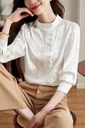 白色立领长袖衬衫女装秋季2024年中式国风缎面小衫设计感上衣