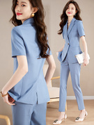 蓝色职业西装套装女夏季薄款2024高端气质，短袖西服外套工作服