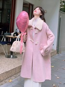 粉色超好看牛角扣双面羊绒大衣女秋冬2023韩系高级感毛呢外套