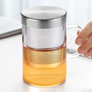 绿珠玻璃杯茶水分离泡茶杯家用带盖喝水杯带把耐热防爆耐高温杯子
