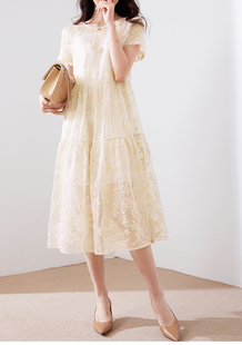 真丝连衣裙桑蚕丝刺绣，a字裙欧根纱仙气超仙，白色长裙两件套短袖