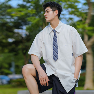 pd大人短袖白衬衫男夏季薄款百搭青少年，感翻领宽松学院风制服上衣