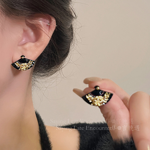 新中式扇形花朵耳钉女国风复古独特耳环小众设计感古风精致耳饰品