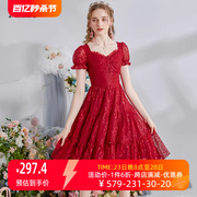 艾丽丝红色中长款连衣裙女2024新年夏季刺绣蕾丝仙女公主裙子