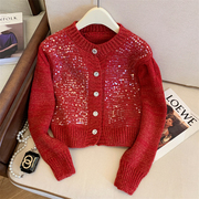 红色毛衣开衫女款2024冬季加厚亮片，设计感短款针织衫秋冬