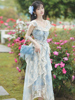 天蓝色仙气蕾丝刺绣拼接印花套装连衣裙