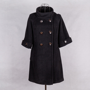 冬季纯色千黛百合女装双排扣五分袖立领羊毛大衣黑色毛呢中长外套