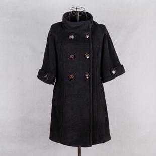 冬季纯色千黛百合女装双排，扣五分袖立领，羊毛大衣黑色毛呢中长外套