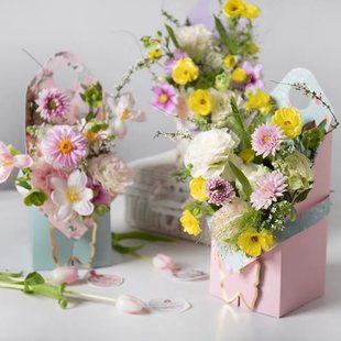 手提花盒蝴蝶结烫金双面盒，纸质花艺花店，插花盒鲜花包装手拎盒