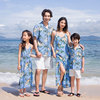 海边度假亲子装连衣裙母女装蓝色椰树吊带沙滩裙一家三口短袖衬衫
