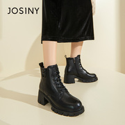 卓诗尼冬季女靴子女士，短筒靴子系带，圆头粗高跟加绒保暖马丁靴