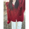 红色娃娃领毛衣开衫女秋冬季加厚针织，外套慵懒风高级感设计感小众