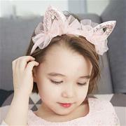 韩国韩版儿童发饰粉色小公主可爱猫耳朵网纱水钻发箍头箍
