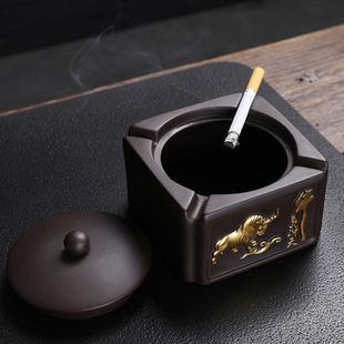 烟灰缸创意个性带盖紫砂牛气冲天客厅办公复古烟灰缸防异味防灰尘